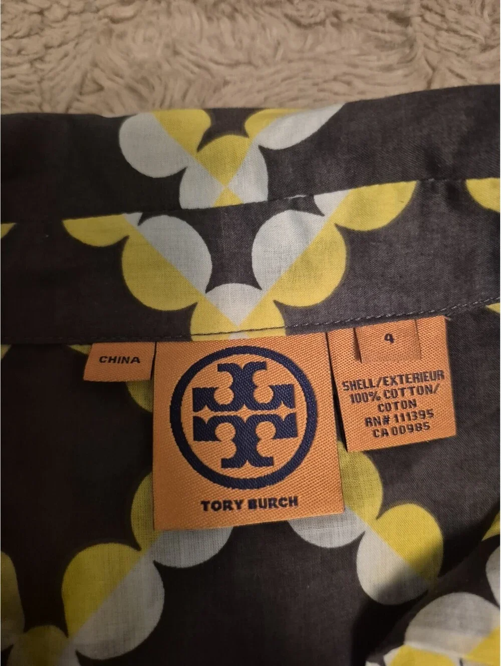 Tory Burch Gray Yellow Circular Buttoned Stephanie Tunic Blouse Shirt Size 4
